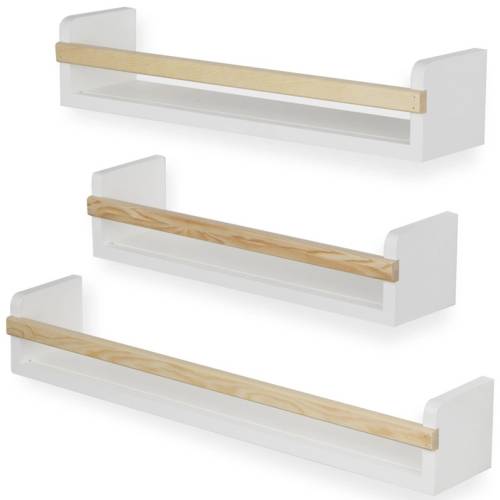 Wall BookShelf for Kids Room Decor and Nursery Decor, Multisize Toy Storage Wall Shelves – Set of 3 – White and Natural