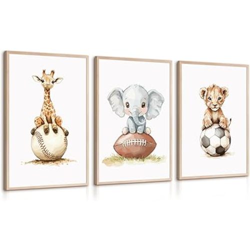 Sports Nursery Wall Art Baby Boys Room Canvas Pictures Safari Animal Wall Decor Jungle Nursery Prints Kids Poster Cute Painting Football Soccer Baseball Artwork for Bedroom 12x16x3 Inch Unframed