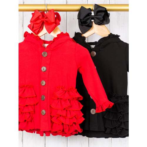 Cotton Ruffle Hooded Cardigan- Black & Red