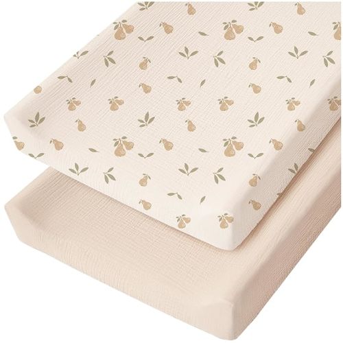 Konssy 2 Pack Muslin Changing Pad Cover for Baby Girls Boys 100% Cotton Fitted Diaper Changing Table Cover Set, Soft Changing Pad Sheets (Summer Wheat,Pear)