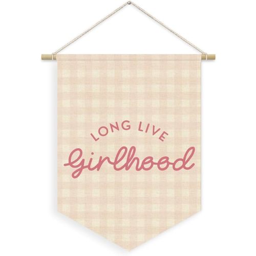 XYDEG Toddler Girls Room Nursery Wall Decor, Long Live Girlhood Linen Canvas Banner, Pink Checkered Girly Wall Hanging Pennant Flag Banner for Girls KidsBedroom Wall Art, 15x11in