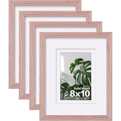 Egofine 8x10 Picture Frames Set of 4, Made of Solid Wood Covered by Plexiglass 4x6 and 5x7 with Mat or 8x10 without Mat, for Table Top Display and Wall Mounting Photo Frame Peach Pink