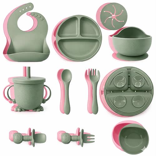 Baby Feeding Set, 2 Pack Silicone Baby Feeding Set with Suction Bowls, Divided Plates, Adjustable Bib, Baby Utensils Spoons, Forks & Cup Complete Baby Eating & Weaning Essentials 16 Pcs (Green & Pink)