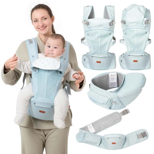 BabbleRoo Grow Carrier – 6-in-1 Baby Carrier with Hip Seat, Ergonomic, Cozy & Adjustable Toddler Carrier 7-50 lbs with Hip & Lumbar Support, Seafoam