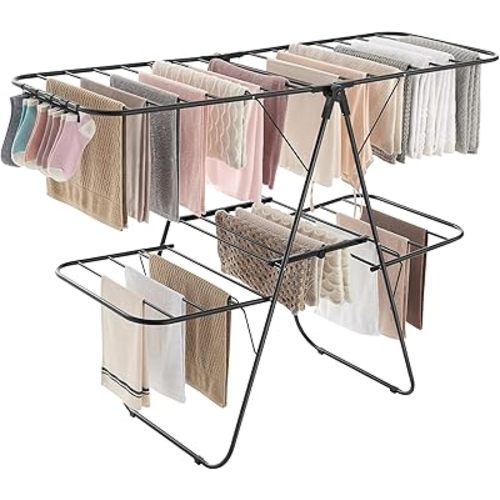 SONGMICS Clothes Drying Rack, Foldable 2-Level Laundry Drying Rack, Free-Standing Laundry Airer, with Height-Adjustable Wings, 33 Drying Rails, Sock Clips, Black ULLR053B01V1