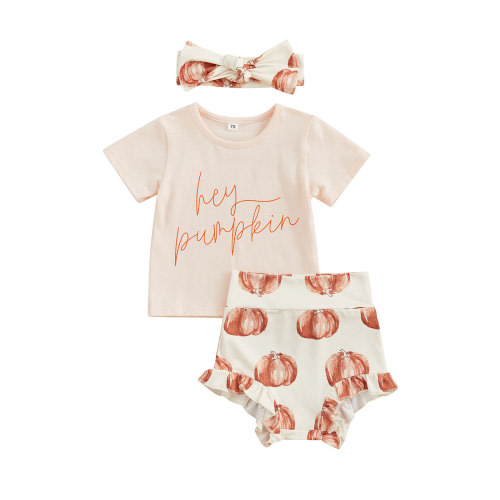 MIPREWUY Baby Girls Summer Outfits Letter Print Short Sleeve Tops and Pumpkin Print Shorts Headband Set
