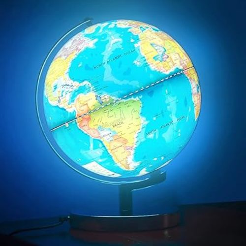 Illuminated World Globe(Dia 8-Inch) for Kids with Stand 6in1 Rewritable Colorful Easy-Read High Clear Map, Illuminates Educational Interactive Globe STEM Toy, Light Up Globe Lamp, Night Light LED Decor - 8Inch