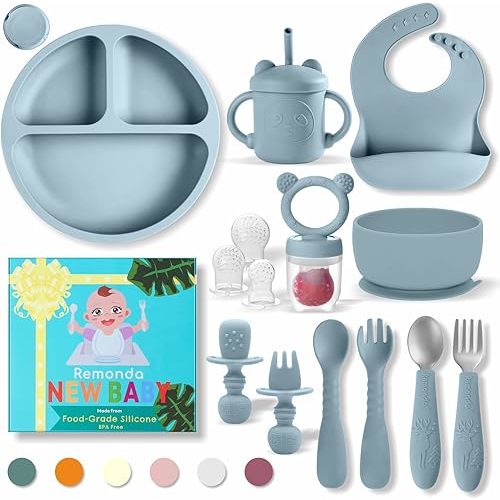 Baby Led Weaning Supplies,Silicone Baby Feeding Set, Baby Gifts,Suction Plate Bowl Set, Self Feeding Utensil Sets, Bib, Cup, Fruit Feeder, First Stage Eating Essentials, 6+ Months(Blue)