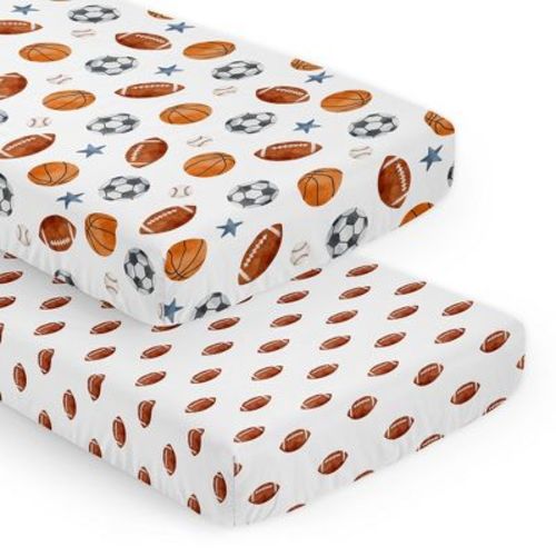 Sweet Jojo Designs Boy Fitted Crib Sheets Set Watercolor Sports Theme Blue Brown and Orange 2pc