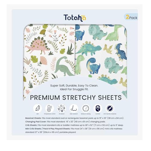 TotAha Pack and Play Sheets Fitted, Buttery Soft Dinosaur Mini Crib Sheets Boy, Stretchy Graco Pack n Play Mattress Sheet, 2-Pack Universal Fit Playard Mattress Cover, All-Season Jersey-Knit