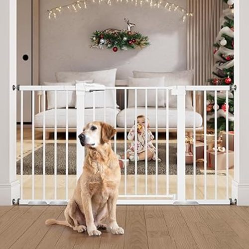 BABELIO 29-55 Inch Extra Wide Baby Gate, Metal Auto Close Dog Gate, Pressure Mounted Pet Gate for Doorways, NO Tools Needed NO Drilling, with Wall Cups, White