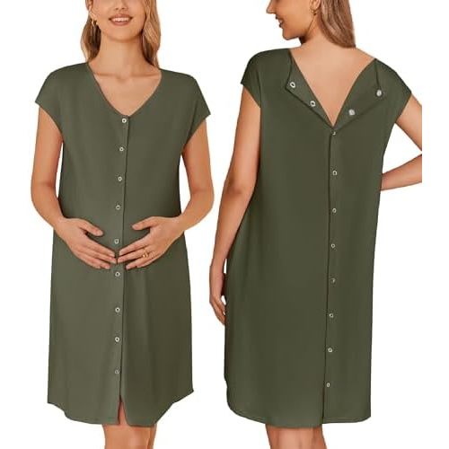 Ekouaer Labor/Delivery/Hospital Gown Nursing Nightgown Maternity Sleepwear With Pockets Postpartum Gowns with Button S-XXL