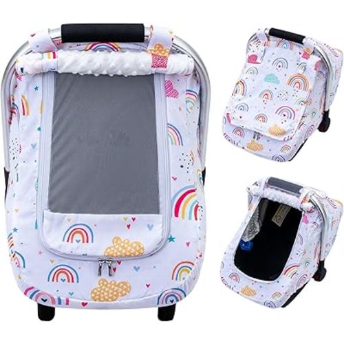 Car Seat Cover Baby Girls, Infant Car Seat Cover for Outdoor, Breathable Carseat Cover with Privacy Sun Shade & Mesh Window for Summer, Easy Access Baby Carrier Cover Fit Baby Stroller
