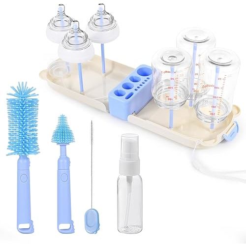 Portable Baby Bottle Brush Set - 7 in 1 Baby Bottle Cleaner Kit, Baby Travel Essential Bottle Washing Kit with Silicone Bottle Brush, Nipple Brush, Straw Brush, Drying Rack for Home and Travel（Blue）