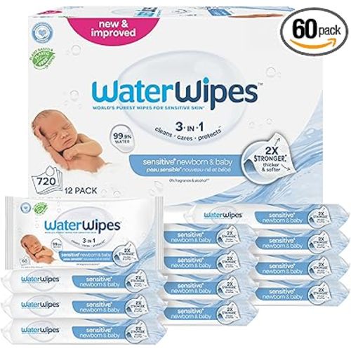 WaterWipes Sensitive+ Newborn & Baby Wipes, 3-In-1 Cleans, Cares, Protects, 99.9% Water, Unscented & Hypoallergenic, 720 Count (12 Packs)