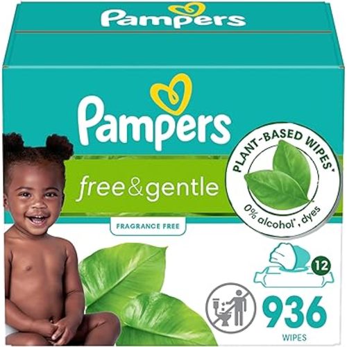Pampers Free & Gentle Baby Wipes, 99% Water, Hypoallergenic, Unscented, 100% Plant Based, Plastic-Free Baby Wipes, 936 Baby Wipes Total (12 Flip-Top Packs)