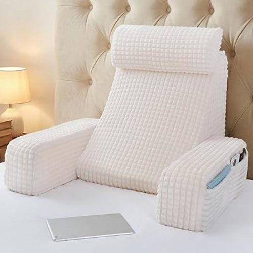 Vekkia Reading Pillow,Back Pillow for Bed Sitting Up Adult,Backrest Support Pillow with Build-in Arms & XL Pockets,Rest Chair for Reading,Gaming,Relaxing,Working or Watching TV in Bed/Floor-19'' White