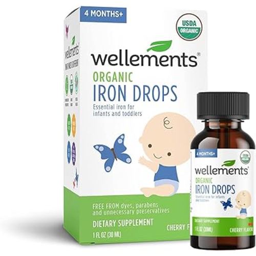 Wellements Organic Iron Drops for Babies | Essential Liquid Iron Supplement for Infants & Toddlers, USDA Certified Organic, Cherry Flavor | 4 Months+, 1 Fl Oz