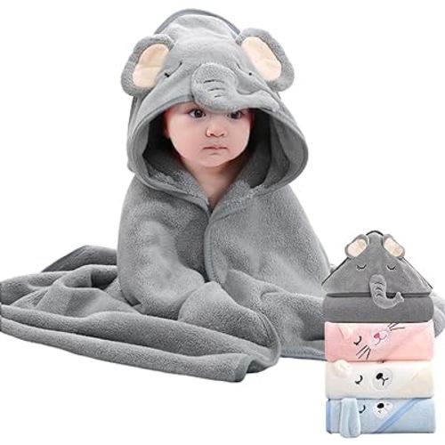Kmilro Bamboo Baby Hooded Towel, 4-Pack Baby Essentials Baby Towels for Boy and Girl with 31.5x31.5 inch and 4 Different Designs, Soft Absorbent Baby Bath Essential Bath Towel as Best Gift for Newborn