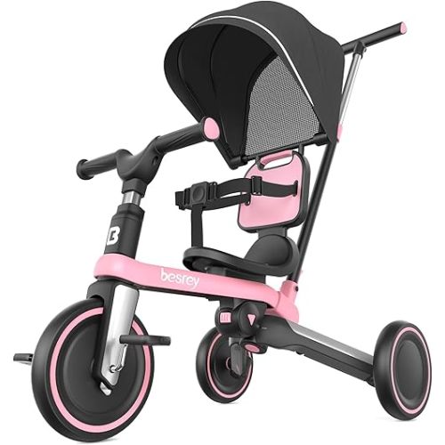 besrey Toddler Tricycle, Balance Bike with Removable Canopy & Backrest, 5 in 1 Tricycle for Toddlers 1-3, Kids Tricycle with Parent Steering Push Handle, Detachable Pedals, Birthday Toys for Boy&Girl