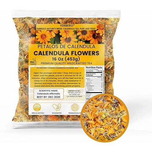 Yerbero - Calendula Flowers Loose Herbal Tea | Marigold Flowers | Flores De Calendula | For Brewing Calendula Tea, Culinary Creations, and Natural Edible Purposes | Crafted By Nature100% All Natural Fresh Tea | Non-GMO. (1 LB (16oz))