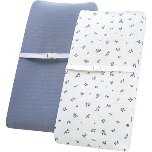 LifeTree Diaper Changing Pad Cover Unisex - Soft Muslin Fitted Changing Table Sheets - 16"x32" Organic Cotton - Blueberries and Mist Blue