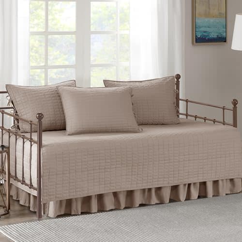 Comfort Spaces Daybed Cover - Luxe Double Sided-Quilting, All Season Cozy Bedding with Bedskirt, Matching Shams, Kienna Taupe 75"x39" 5 Piece