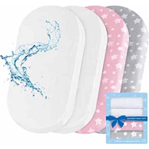 Bassinet Sheets & Waterproof Bassinet Mattress Pad Protector 4 Pack Set, Universal Fit for Oval, Hourglass and Rectangular Mattress, Grey & Pink