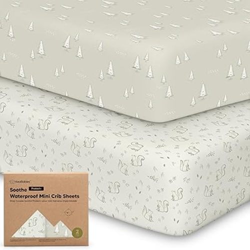 2-Pack Pack and Play Sheets, Waterproof Mini Crib Sheets Fitted - Organic Cotton Pack N Play Sheets for Graco Pack and Play Mattress, Playard Baby Crib Sheets Neutral for Boy,Girl,Toddler (Pine Grove)