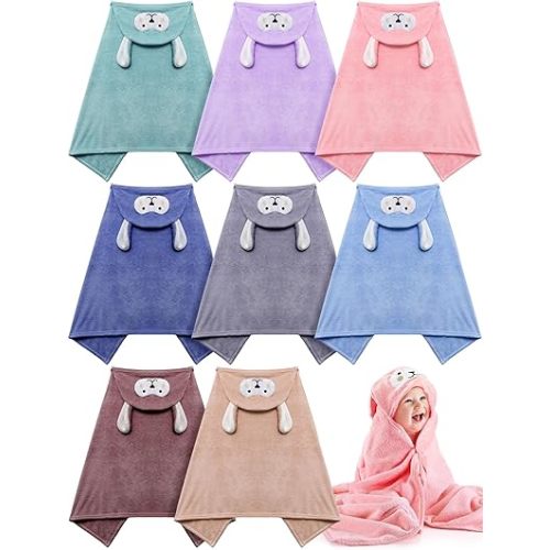 Preboun 8 Pcs Baby Bath Towel Hooded Soft Coral Fleece Baby Hooded Towel Highly Absorbent Bathrobe Blanket Wrap for Boys Girls Toddler Animal Bathrobe with Ears Newborn Bath Supplies Essentials