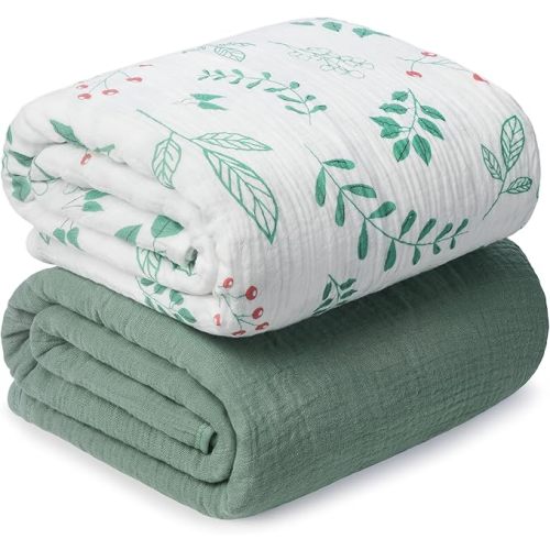 Muslin Swaddle Blankets for Newborn, 2 Pack Breathable Soft Receiving Blanket, Large 41 x 41 inches Swaddle Wrap Burping Clothes, Essentials Infant Shower Items. (Green & Leaves)