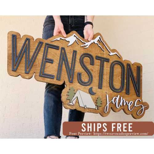 Mountains name sign, camping tent sign, large wood name sign, nursery name sign, outdoorsy nursery, layered baby name sign, cut out sign