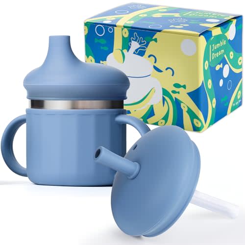 Jumble Dream Stainless Steel Sippy Cup, Silicon Training Stainless Steel Kids Cups with Straw, Toddler Tumbler with Spill Proof Straw |Sippy Cup for Toddlers 1-3 Years Old| BPA Free (Blue Moon)