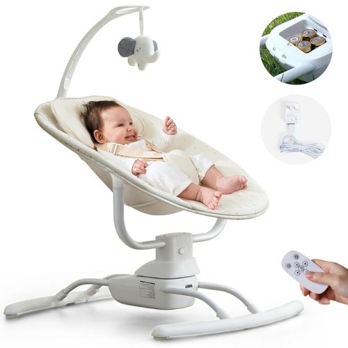 Baby Swings for Infants, Electric Baby Bouncer 3 Speeds, Portable Automatic Rocker with Remote Control, 8 Music Soothing Swing for Newborn Boys Girls 0-6 Month, AC Adapter & Battery Operated