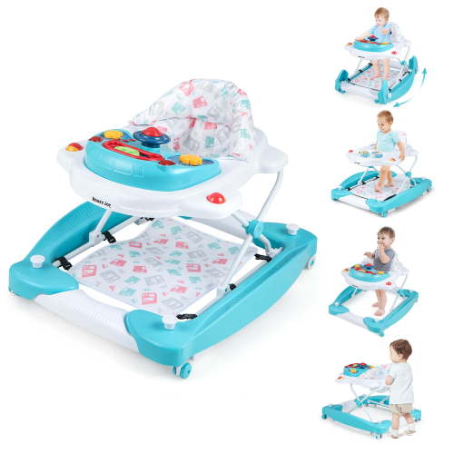 Costway 6 in 1 Baby Walker, Green, Foldable Design, Adjustable Heights, Music Tray, 6-14 Months