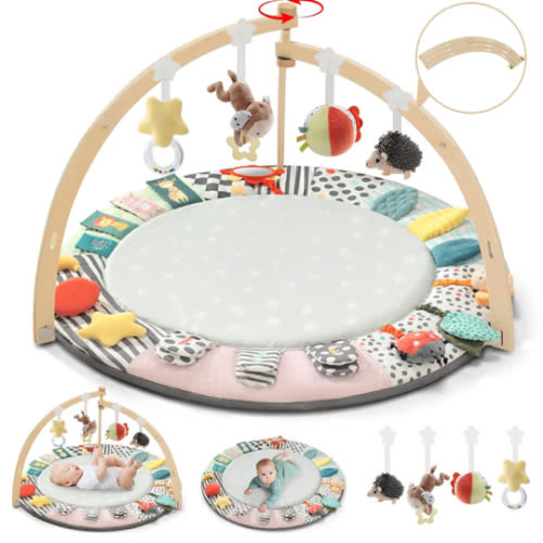 Baby Play Mat Activity Gym,6 Developmental Zones Tummy Time Mat, Foldable Wooden Baby Play Gym with 7 Detachable Sensory Toys for Newborn Brain Development, Essential Baby Shower Set