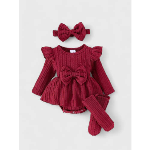 3 Pc Baby Girl Cable Knit Bodysuit Set - Burgundy, 6-9 M