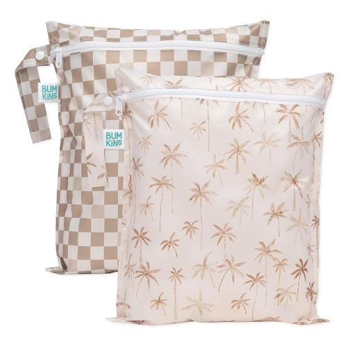 Bumkins Waterproof Wet Bag for Baby, Travel, Swim Suit, Cloth Diapers, Pump Parts, Pool, Gym, Toiletry, Strap to Stroller, Daycare, Zip Reusable Bag, Wetdry Packing Pouch, 2-pk Palm Trees, Sand Check