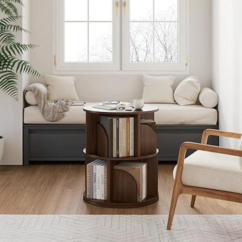 YOWOS Rotating Bookshelf, Small Corner Bookshelf for Small Space, 360 Display Floor Standing Bookcase Storage Rack, Wood Narrow Book Shelf Organizer for Bedroom, Living Room (Walnut, 2 Tiers)