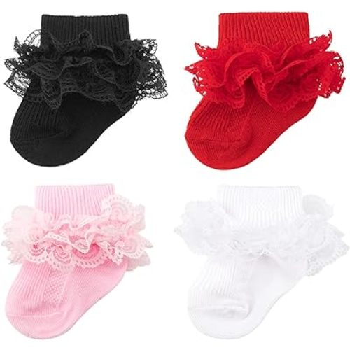 4 Pack Baby Girls Socks with Eyelet, Ruffle & Lace - Newborn to Toddler Frilly Dress Socks
