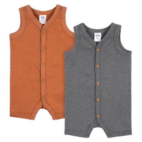 Gerber Baby Boys' Short Leg Sleeveless Romper, Heather Gray & Rust, 0-3 Months, 2-pack