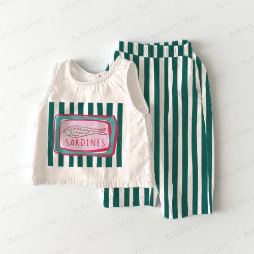 SARDINES Toddler Green Vertical Striped 2-piece Sleeveless Set