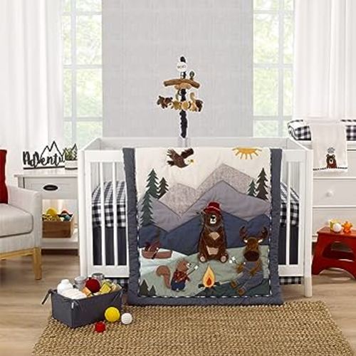 NoJo Into The Wilderness Navy, Green, and Brown, Camping Bear, Moose, Eagle, and Beaver Campfire 4 Piece Nursery Crib Bedding Set - Comforter, Cotton Fitted Crib Sheet, Crib Skirt, and Storage Tote