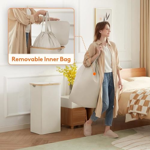 Lifewit 100L Laundry Basket with Lid, Clothes Hampers for Laundry with Bamboo Handles and A Removable Laundry Bag, Large Foldable Laundry Hamper for Bedroom, Bathroom, Dorm, Laundry Room, White