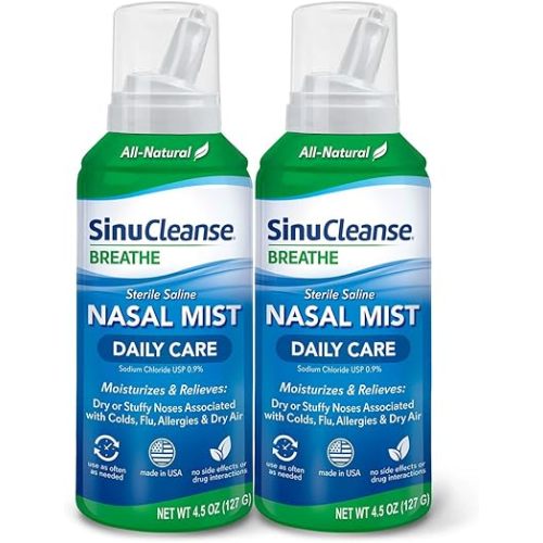 SinuCleanse Daily Care Sterile Saline Nasal Spray, Ultra Fine Mist, Instantly Moisturizes & Relieves Everyday Nasal Congestion Due to Colds & Dry Air, 4.5 Oz (2 Pack), Made in USA