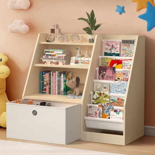 Latitude Run® 3 Tier Bookshelf, Natural Bookshelves with 4 Layer Sling Bookcase , Flip-Top Drawers | Wayfair