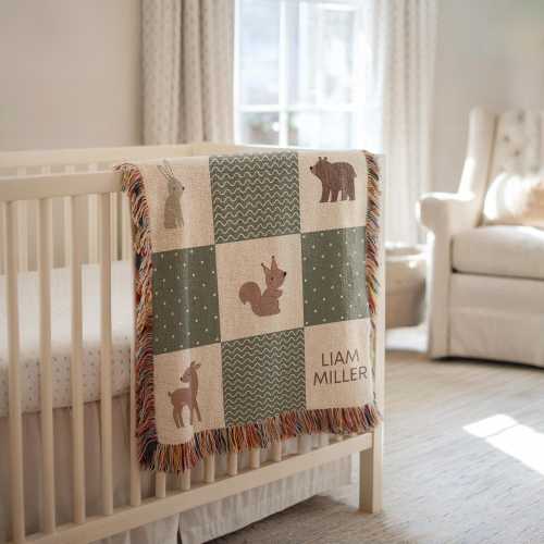 Personalized Baby Blanket Boy Woodland Forest Animal Woven Blanket Custom Baby Name Blanket Baby Shower Gift For Baby Boy Blanket Checkered