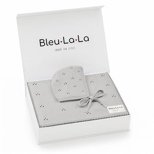 Bleu La La Organic Pointelle Baby Blanket + Hat Gift Set for Boys & Girls - 100% Soft Luxury Cotton Swaddle Blanket + Bonnett Registry for Newborns & Infants (Dove Grey + Hat)