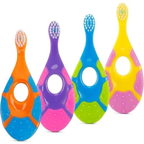 Slotic Baby Toothbrush for 0-2 Years, Safe and Sturdy, Toddler Oral Care Teether Brush, Extra Soft Bristle for Baby Teeth and Infant Gums, Dentist Recommended (4-Pack)