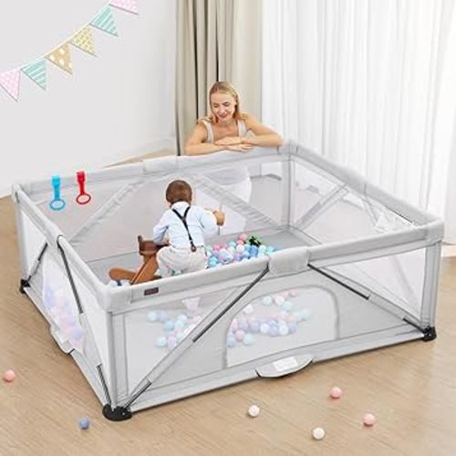 Foldable Baby Playpen, Yobear Large Playpen for Babies and Toddlers with 50 PCS Ocean Balls & 2 Handles, Indoor & Outdoor Kids Safety Play Pen Area, Portable Travel Play Yard (71" × 59", Grey)